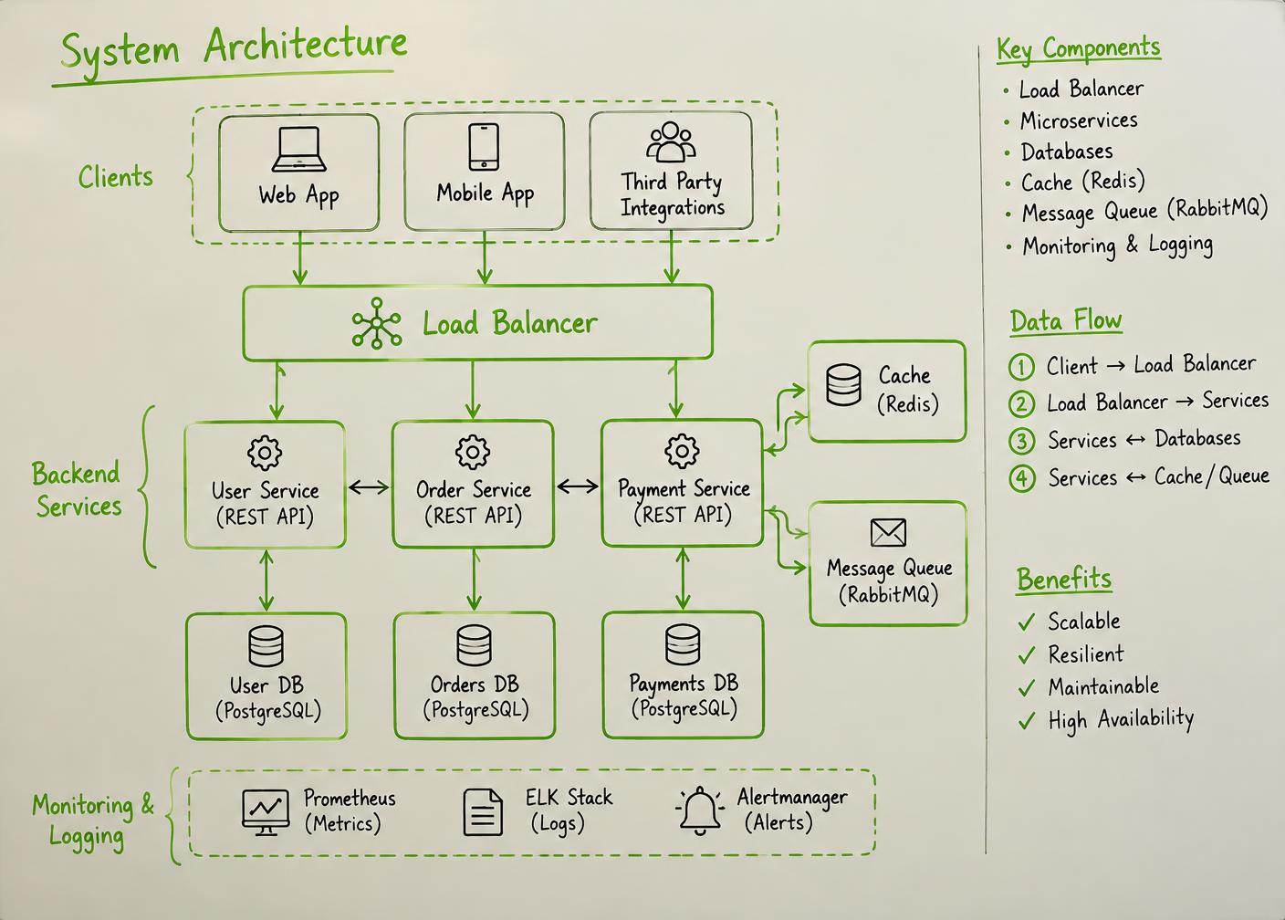 Hand-drawn software architecture diagram on a whiteboard with services, databases and a load balancer