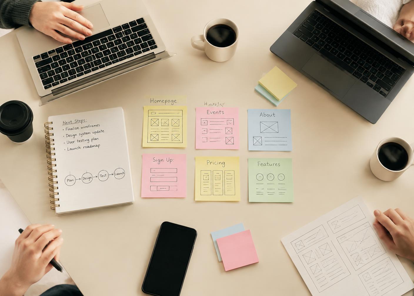 Overhead view of a shared table with laptops, coffee and sticky notes showing website wireframes